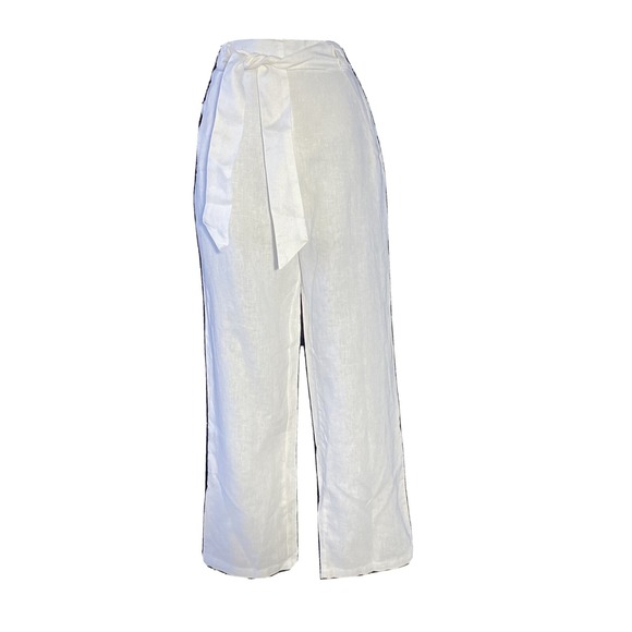 NWT PECK PECK Pants XL White Linen Resort Hi Waist Belt Pocket Business Vacation - Picture 2 of 6